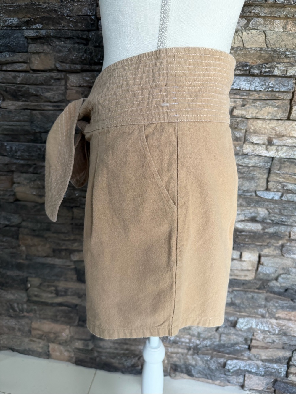 High-Waist Tie-Belt Women’s Shorts in Tan - Picture 3 of 10